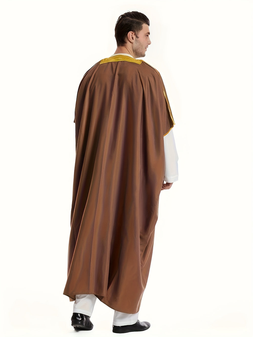 Men's Muslim Ethnic Style Golden Stripe Pattern Long Sleeve Scholar Robe With Open Placket, Suitable For Height Between 168 To 72.83 Inch, Chic And Stylish For Formal Occasions