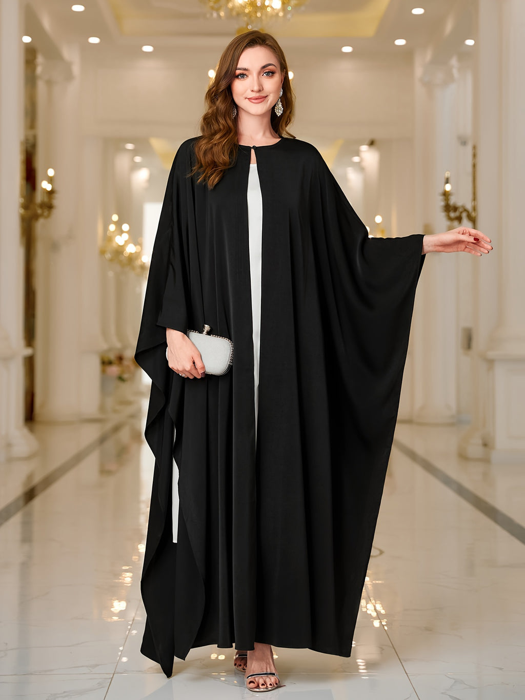 Button Front Batwing Sleeve Modest Dress, Elegant Loose Solid Color Cloak Maxi Muslim Outwear, Women's Clothing