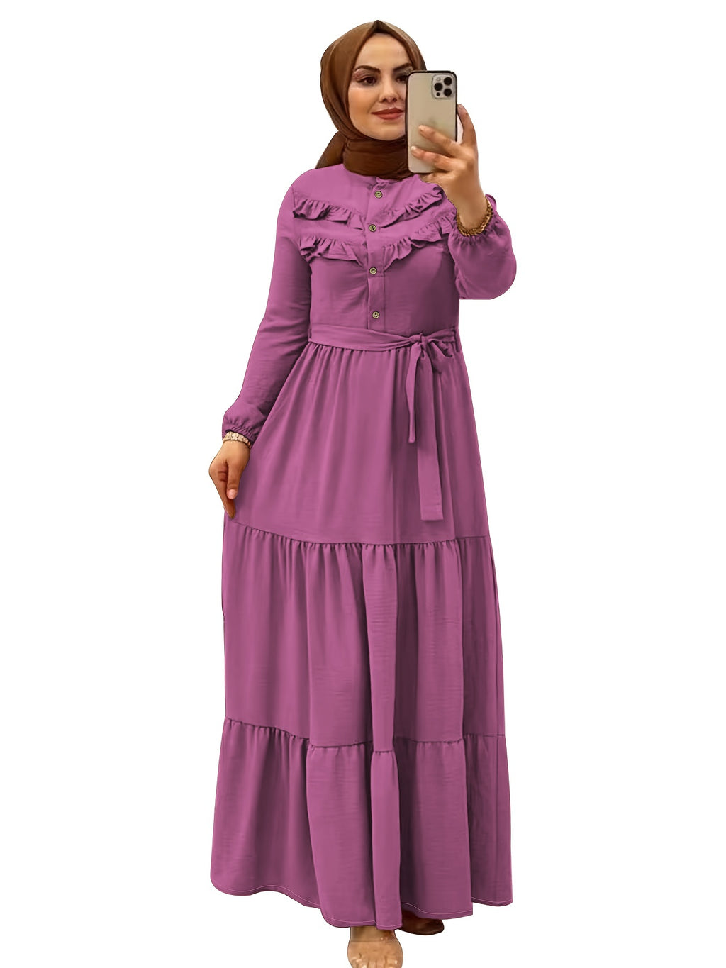 Elegant Light Green Maxi Dress for Muslim Women - Casual Solid Color with Ruffle Hem & Button Detail, Polyester Blend, Machine Washable - Hijab Not Included