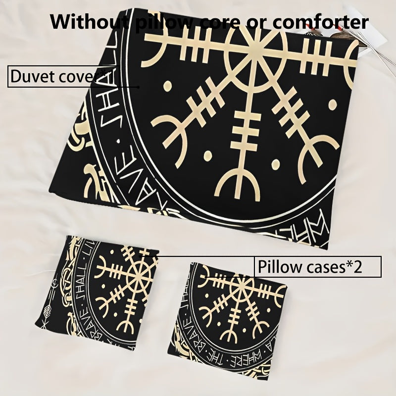 3pcs Comfortable Nordic Rune Theme Duvet Cover Set, Soft High-Definition Digital Print Perfect Gift, Soft Breathable 100% Polyester, All-Season, Family And Friends Gift, Machine Washable (1 Duvet Cover + 2 Pillowcases, No Fil