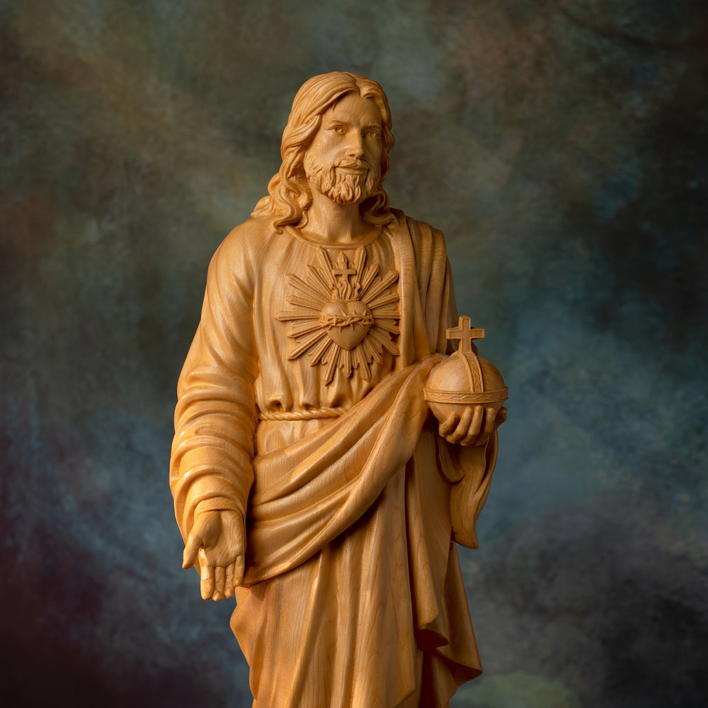 1pc Hand Carved Boxwood Jesus Sacred Heart Statue, Indoor Home Living Room Bedroom Decoration, Christian Gift Art Statue