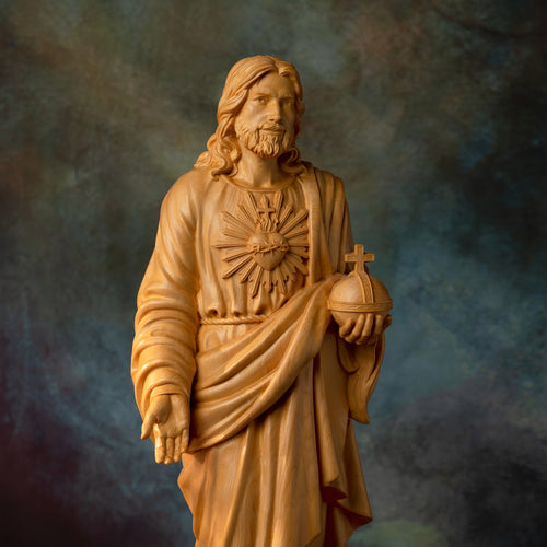 1pc Hand Carved Boxwood Jesus Sacred Heart Statue, Indoor Home Living Room Bedroom Decoration, Christian Gift Art Statue