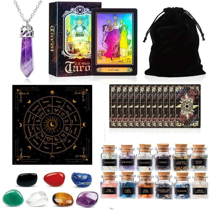 1set 78 Tarot Cards with Guide Book, Black Tarot Deck Gift Set with Tarot Cloth, Chakra Stones and More, Tarot Cards Deck Fortune Telling Game Craft Cardboard for Beginners and Expert Readers