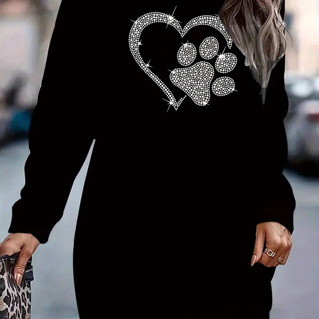 Plus Size, Women's Elegant Long Sleeve Crew Neck Sweatshirt Dress - Plus Size Friendly Oversized Casual Button-Front Dress with Paw Print & Heart Design (White/Black), Machine Washable Polyester Blend Winter Dress for, Semi-F