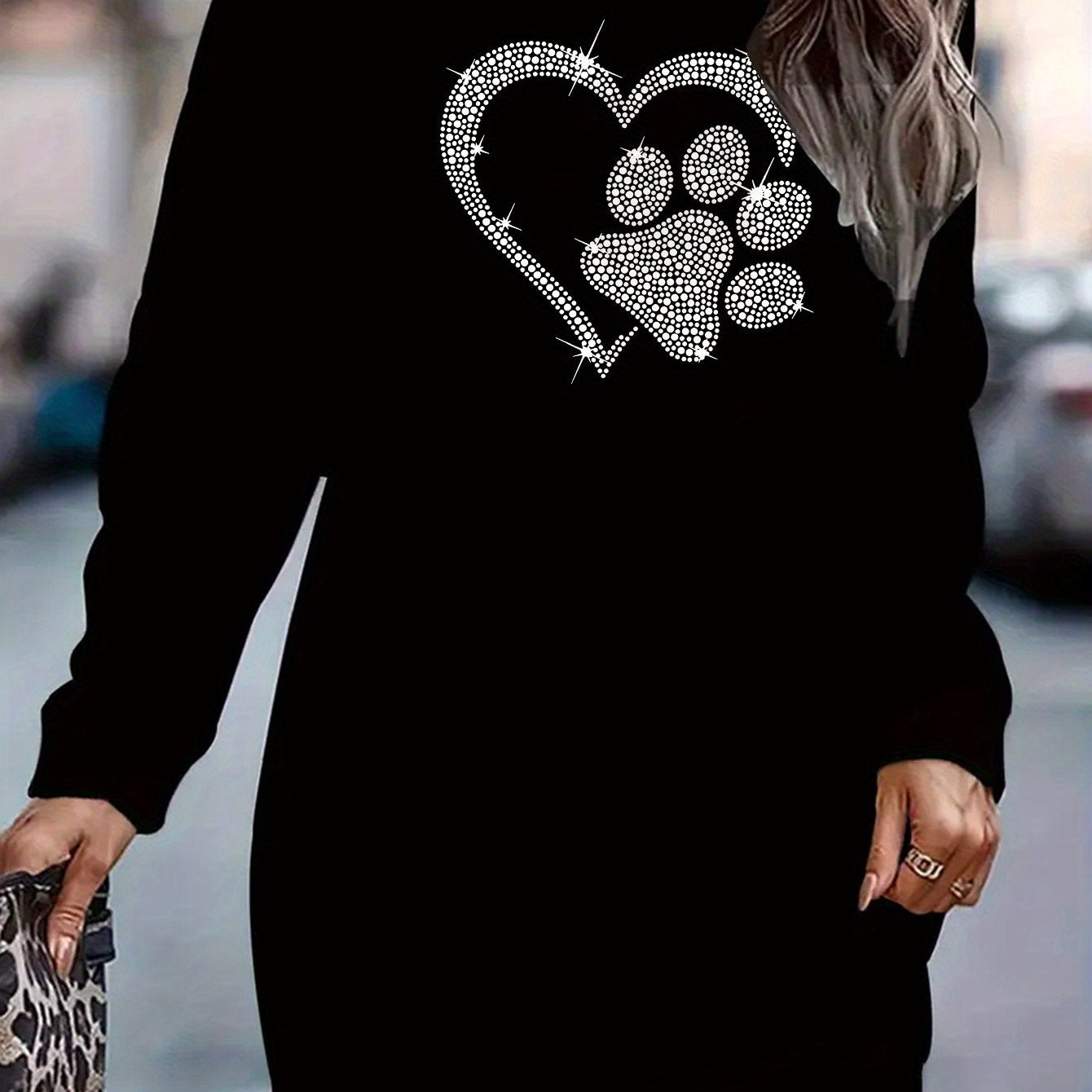 Plus Size, Women's Elegant Long Sleeve Crew Neck Sweatshirt Dress - Plus Size Friendly Oversized Casual Button-Front Dress with Paw Print & Heart Design (White/Black), Machine Washable Polyester Blend Winter Dress for, Semi-F