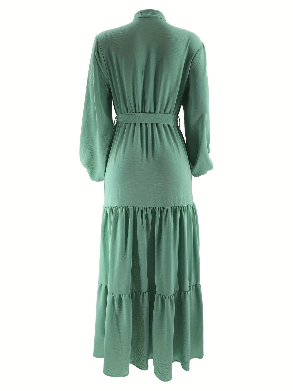 Elegant Light Green Maxi Dress for Muslim Women - Casual Solid Color with Ruffle Hem & Button Detail, Polyester Blend, Machine Washable - Hijab Not Included
