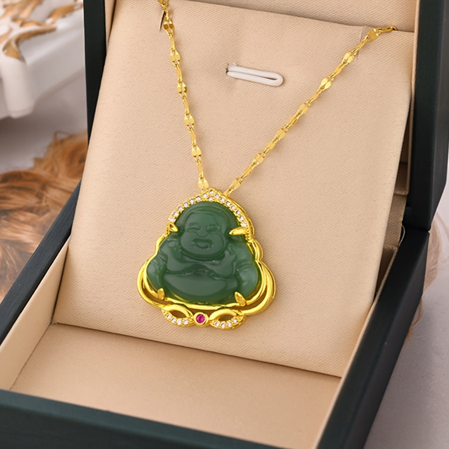 1pc Vintage Chinese Style Titanium Steel Buddha Pendant Necklace with Synthetic Imitation Jade, Lucky Charm Jewelry for Daily Wear & Gift-Giving, Valentine's Day Suitable, Buddha Necklaces