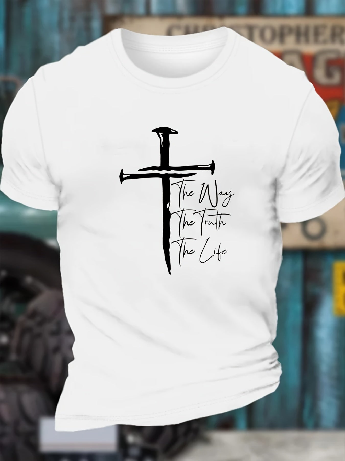 Creative Christian Cross Graphic Print Casual Crew Neck Short Sleeve T-shirt For Men, Comfy Casual Summer T-Shirt For Daily Wear Work Out And Vacation Resorts
