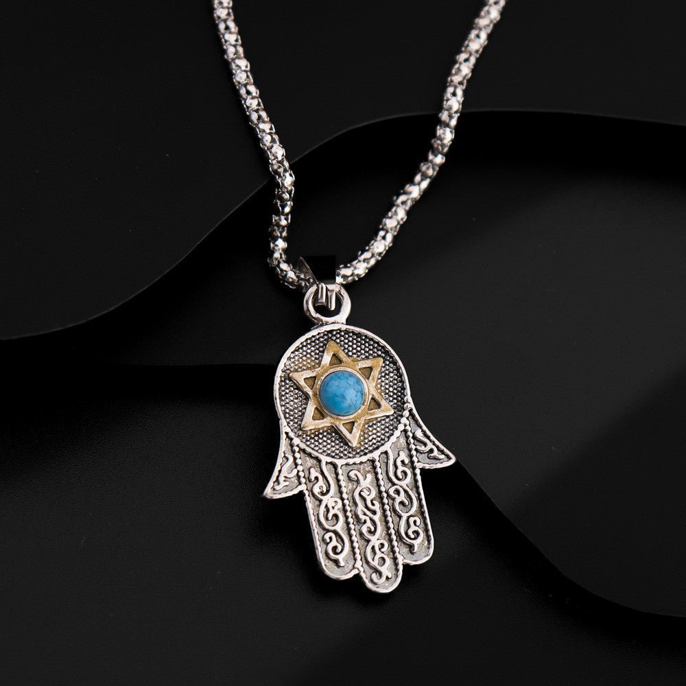 New Vintage Fashion Ancient Buddha Palm Six-Pointed Star Blue Pine Stone Pendant Necklace Men'S And Women'S Necklace Jewelry Accessories Gift Wholesale