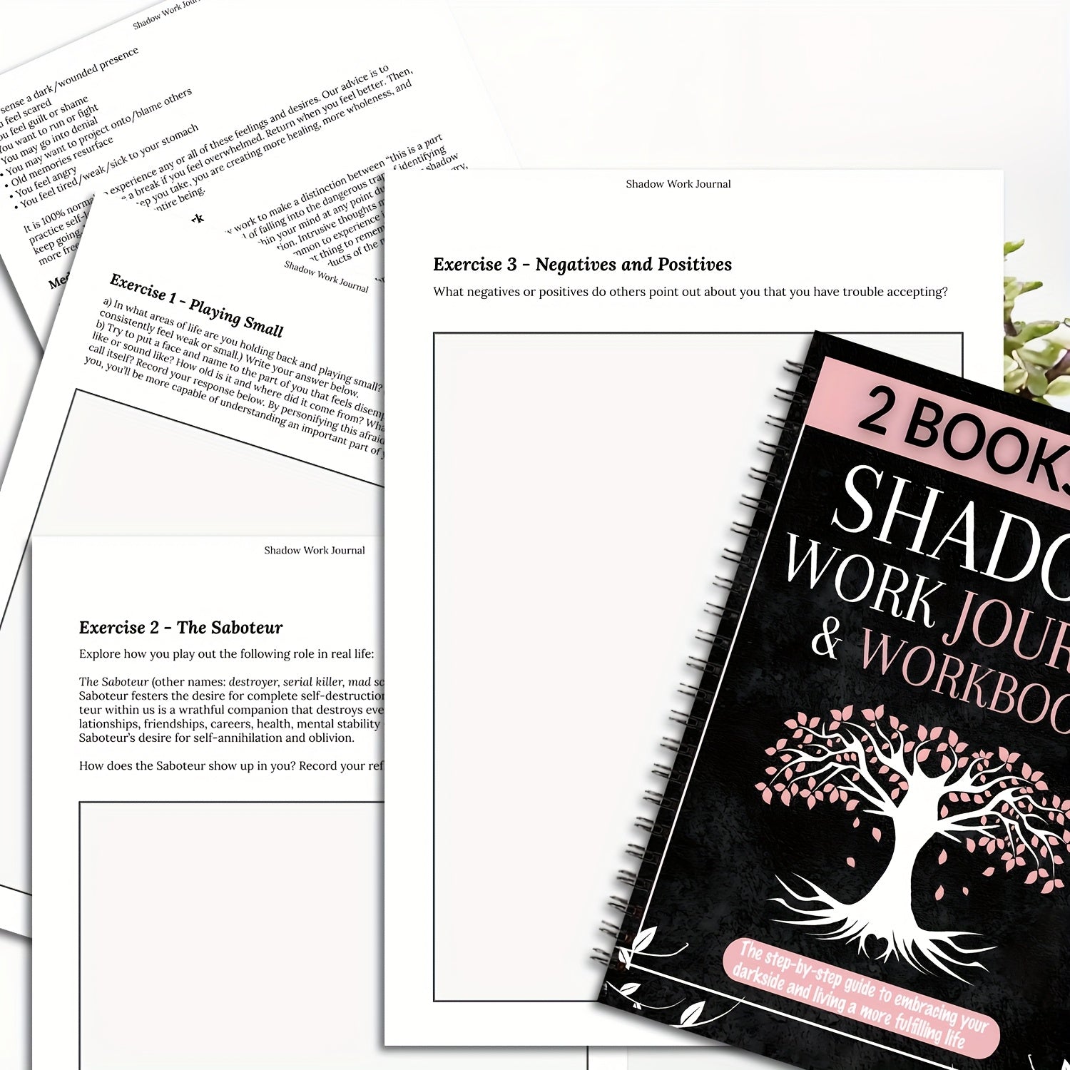 2 Books in 1: Shadow Work Journal & Guide for Beginners - Spiral Bound Undated Psychological Shadow Work Notebook with Dark Tree & Pink Blossoms Design, Self-Help Exercises to Integrate & Transcend Shadows, Daily Reflections