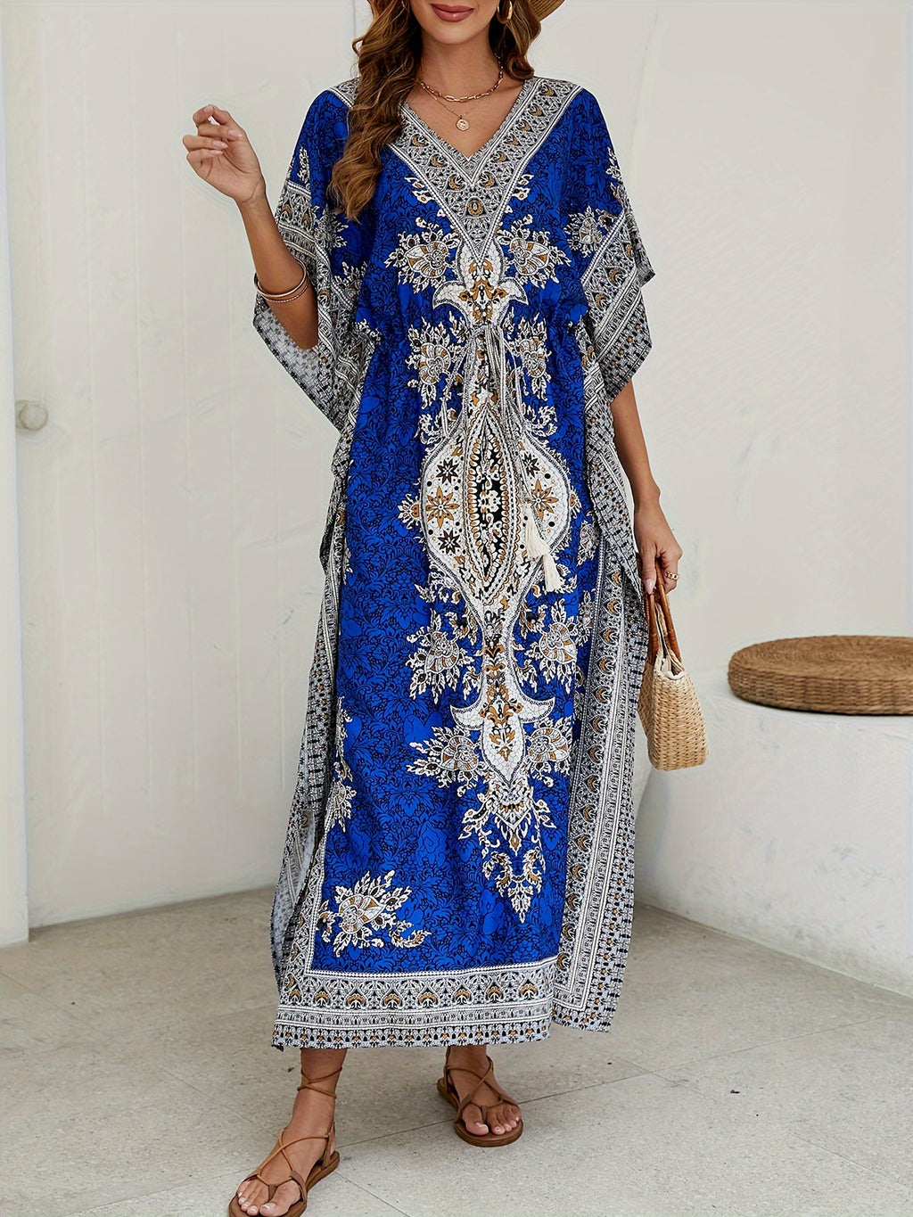 Women's Middle Eastern Muslim Abaya, Loose V-Neck Beach Bohemian Party Dress