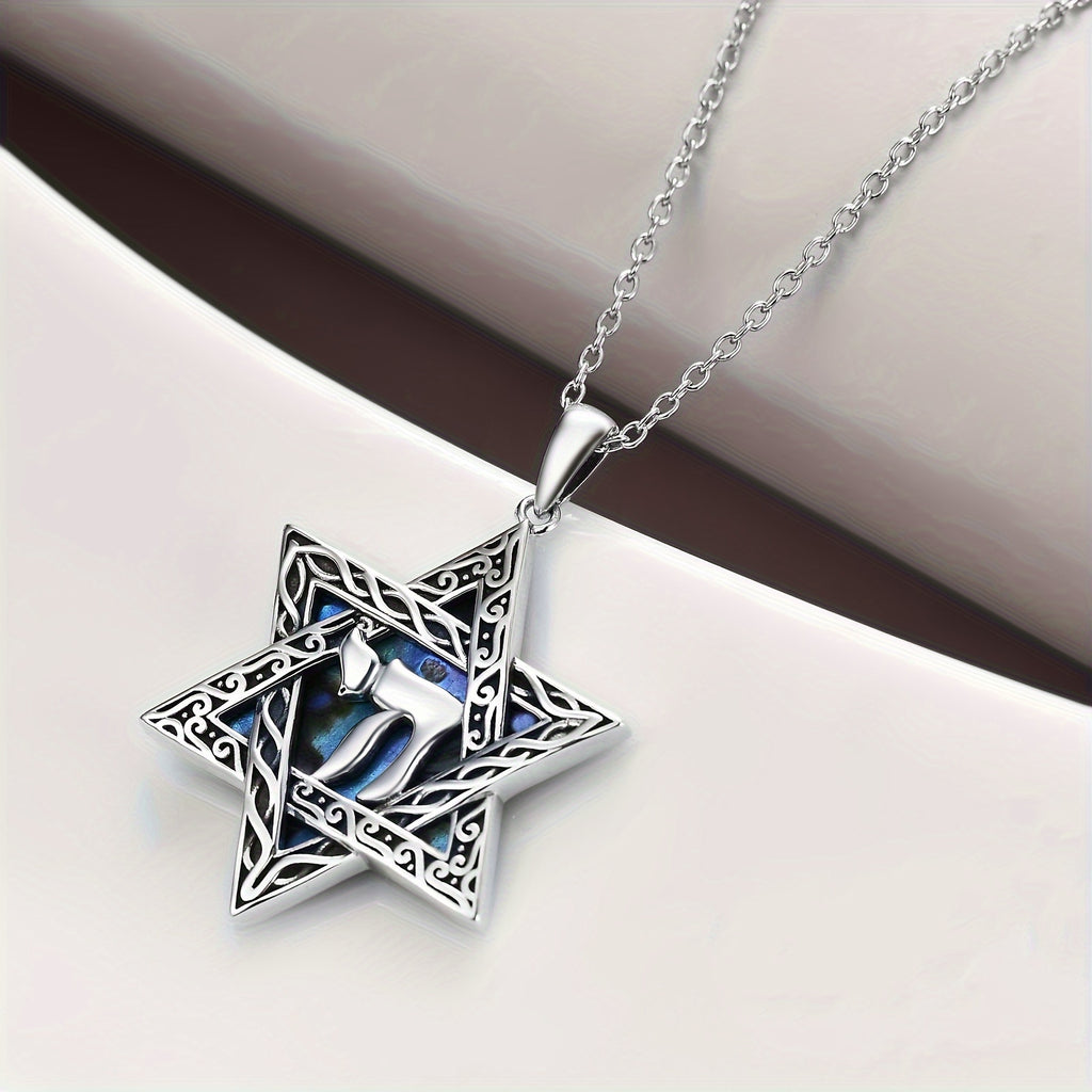Star Of David Necklace Sterling Silver Hebrew Chai (Life) Abalone Shell Pendant Jewish Token Jewelry