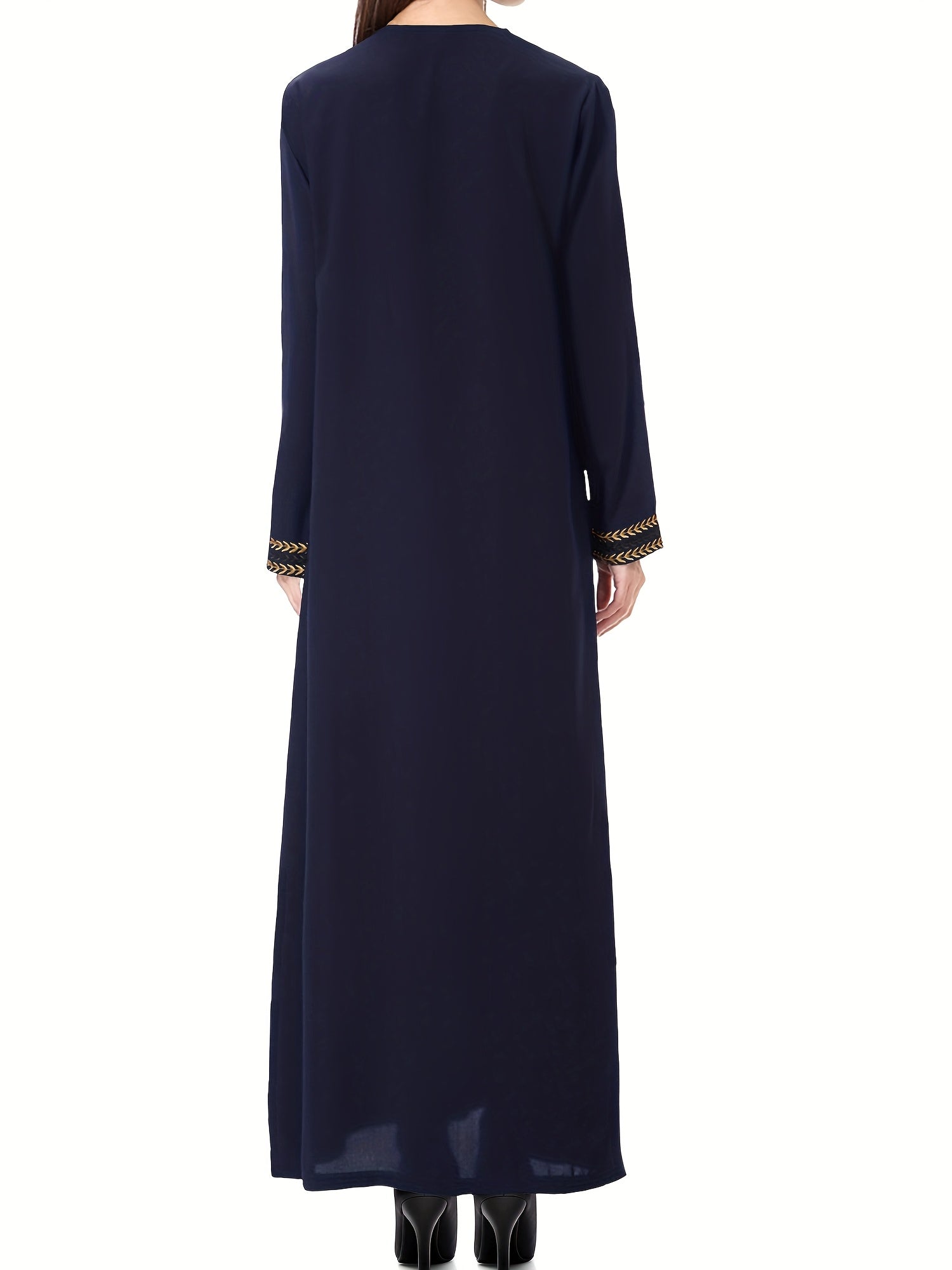 [Navy Blue Kaftan] Navy Blue Muslim Kaftan Dress | Elegant, Golden Embroidery, Sleeve, Loose Fit, Maxi Length, Hijab-Friendly Design, All-Season Wear