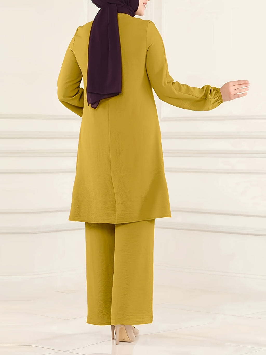 Ramadan Elegant Solid Muslim Two-piece Set, Long Sleeve Crew Neck Top & Straight Leg Pants Outfits, Women's Clothing