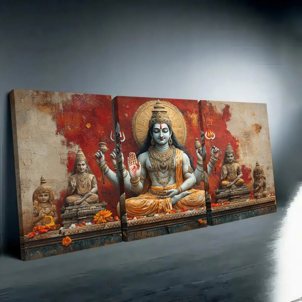 [2D Flat] A Set of Three Decorative Paintings Featuring Hindu Deities, Framed in Wood, with a Vibrant Red Backdrop Showcasing, Vishnu, And Brahma. This Modern Aesthetic Artwork Measures 15.7X23.6 inch And Is Perfect for Enhan