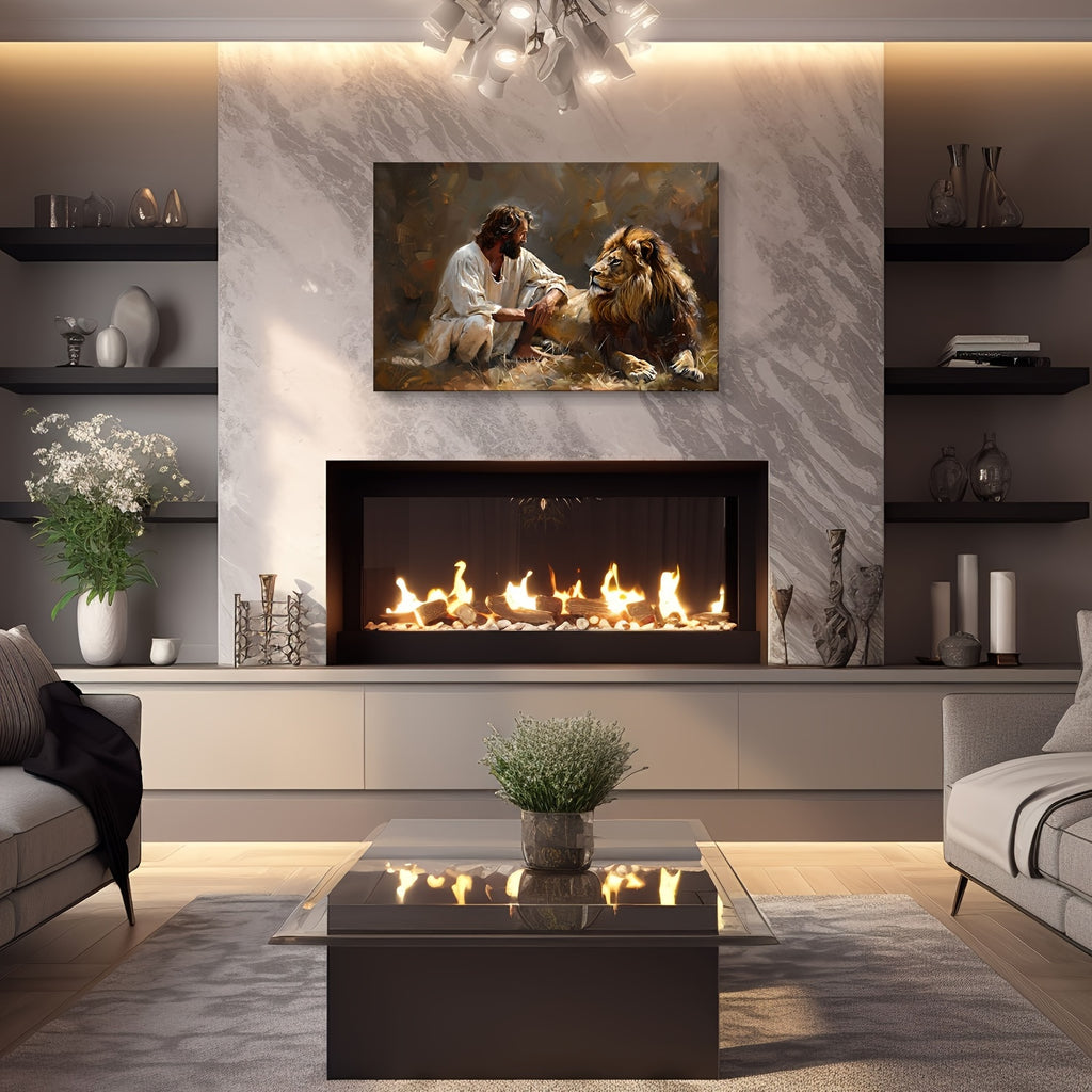 1pc Framed Lion and Jesus Canvas Wall Decor Striking Lion of Judah Poster with Savior Inspirational Christian Art for Office Church and Home Ready to Hang