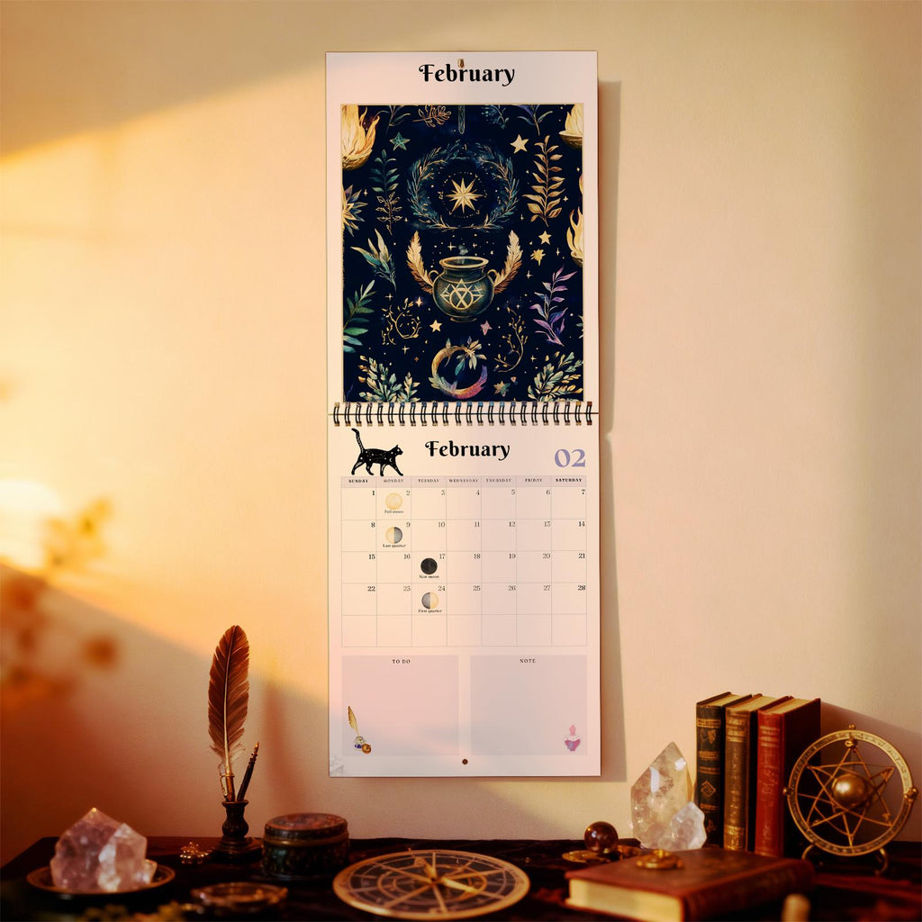 2026 Witch Calendar Spiral Wall Planner with Spell Symbols & Full Moon Calendar - Writable Monthly Layouts, Mystical Journal & Planner for Wiccan Women, Spiritual Gift