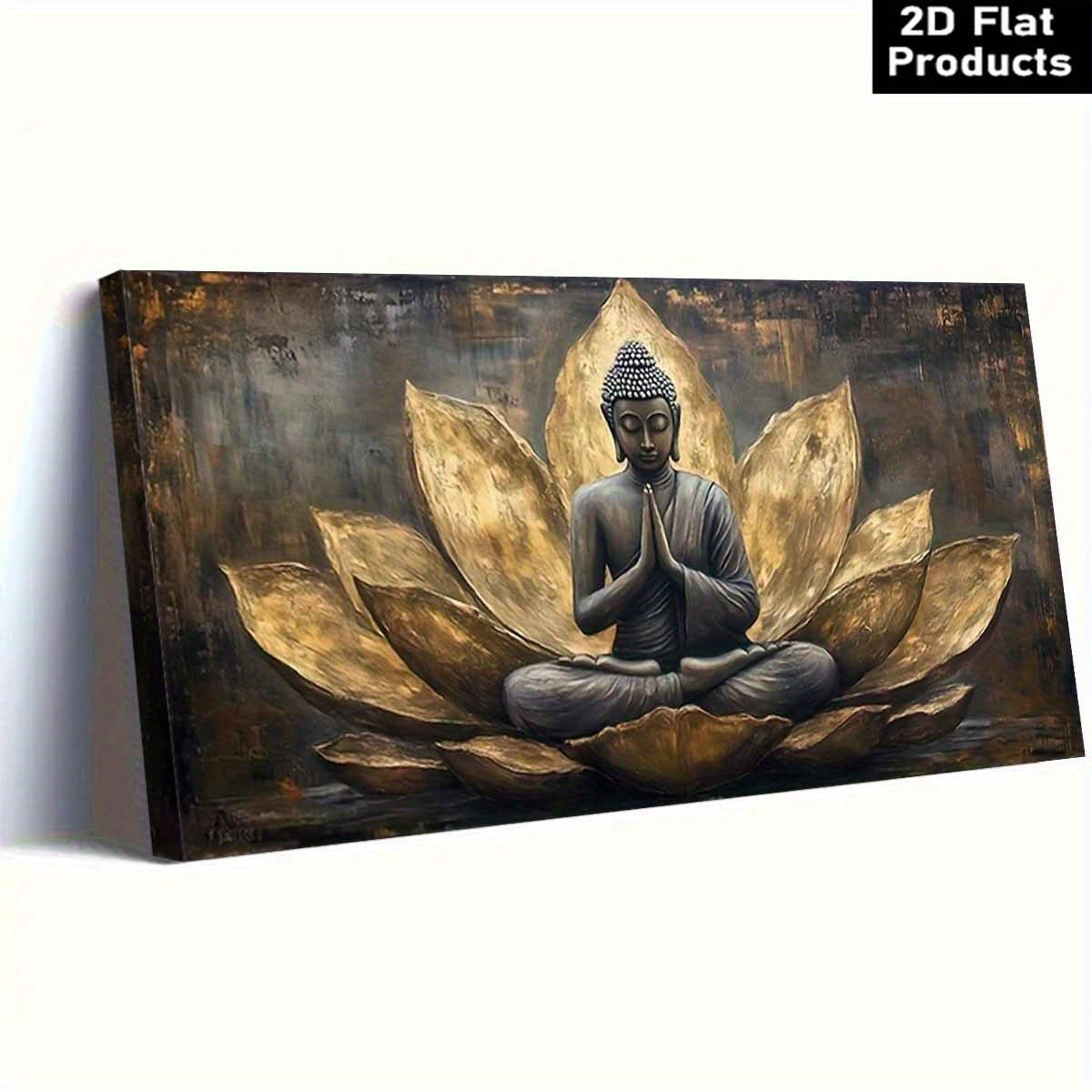 [2D Flat]A Thick Wooden Framed Canvas Artwork, Buddha Meditation for Lotus High Quality Wall Art Printed Poster Can Be Hung Directly, Pine Frame, Suitable for Living Room Decor or Yoga Room Decoration.Bedroom Art, 2D Flat