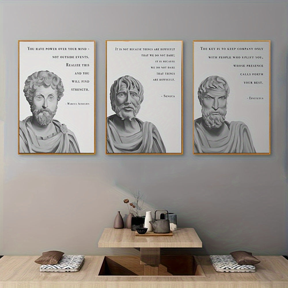 Stoic Philosophy Quotes Canvas Wall Art - 3 Piece Inspirational Seneca, Marcus Aurelius, Epictetus Poster Set - Frameless Portrait Canvas Prints for Living Room and Bedroom Decor - Indoor Portrait Orientation, 15.7x23.6 inche