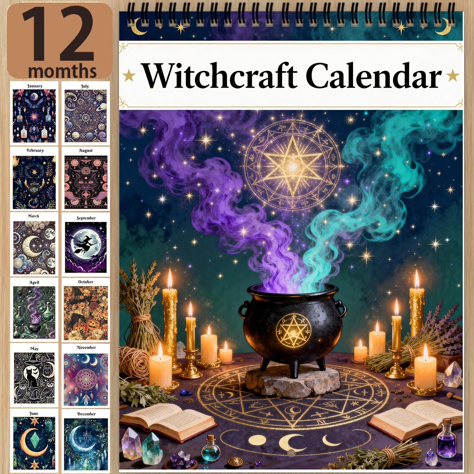 2026 Witch Calendar Spiral Wall Planner with Spell Symbols & Full Moon Calendar - Writable Monthly Layouts, Mystical Journal & Planner for Wiccan Women, Spiritual Gift