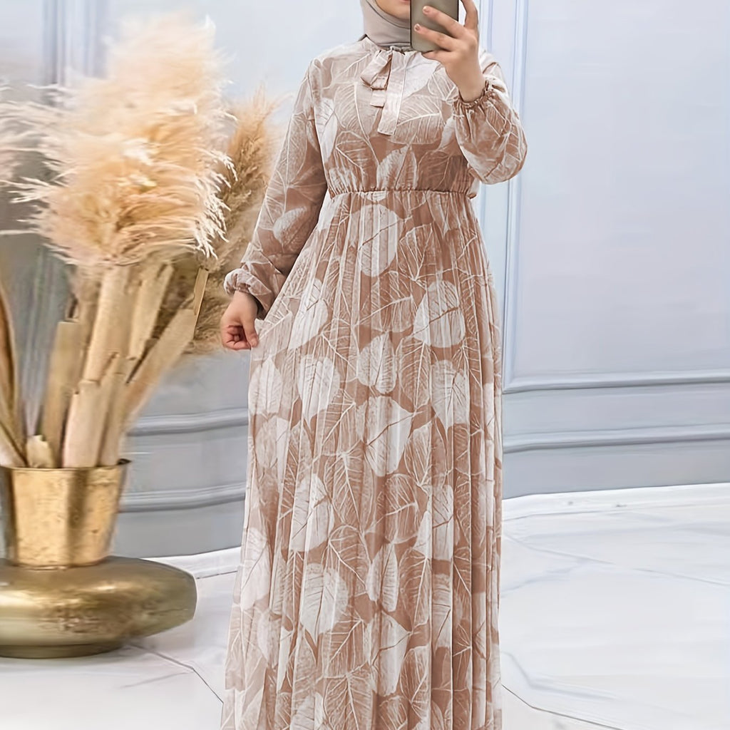 Women's Middle Eastern Muslim Print Pleated Waist Dress (Headscarf Not Included)