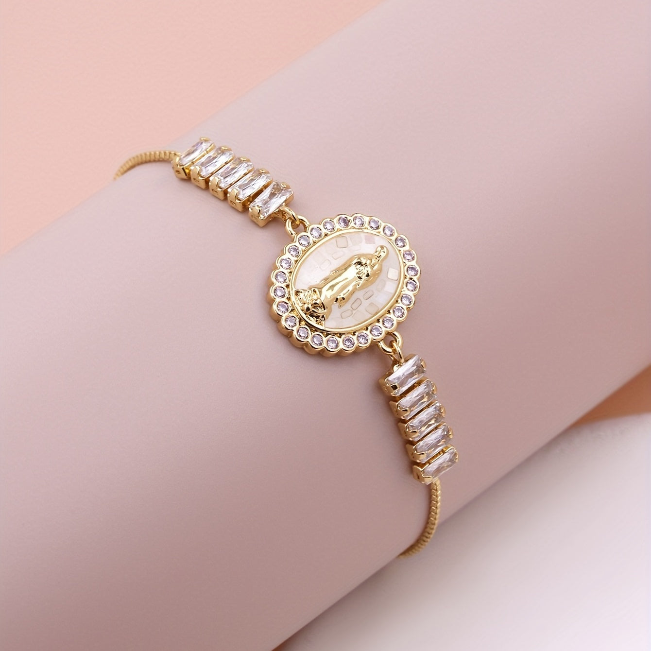 1pc Elegant White Shell Virgin Mary Adjustable Tennis Chain Link Bracelet for Men & Women, Christian Religious Round Jesus Virgin Mary Charms Jewelry
