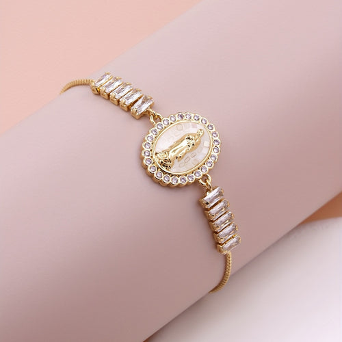1pc Elegant White Shell Virgin Mary Adjustable Tennis Chain Link Bracelet for Men & Women, Christian Religious Round Jesus Virgin Mary Charms Jewelry