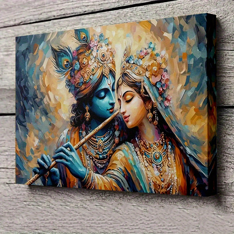 1pc Hindu Radha Krishna Canvas Painting - Divine Love Couple Art with Blue & Golden Indian Wedding Decor - Wooden Framed Canvas Print for Home, Temple, Office - Spiritual Hindu Wall Art Gift, Hindu Wall Art, Home Decoration,