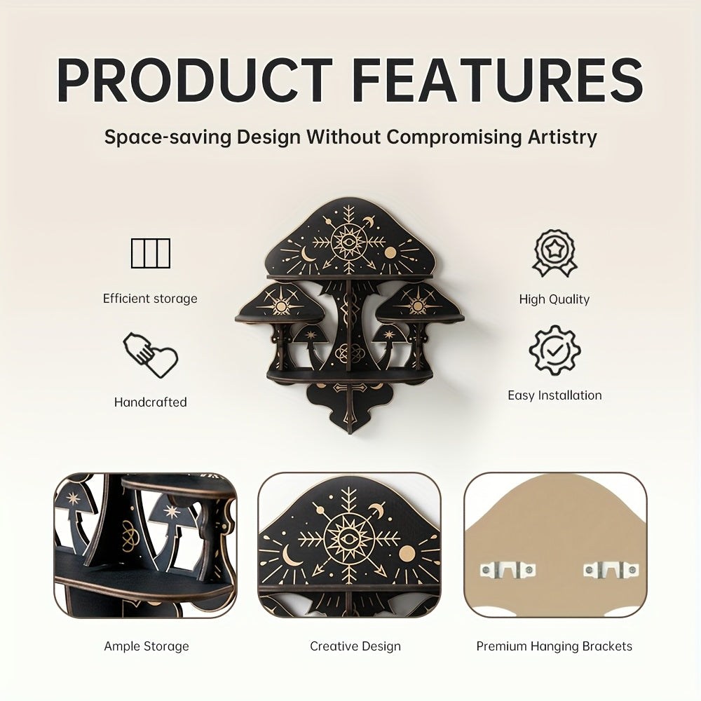 Wooden Mushroom Floating Shelves, Crystal Display Shelf for Wall, Wiccan Incantation Mushroom Wall Decor,  Gem Stone Storage Organizer, Essential Oil Holder Hanging Case, Meditation Art Spiritual Gift