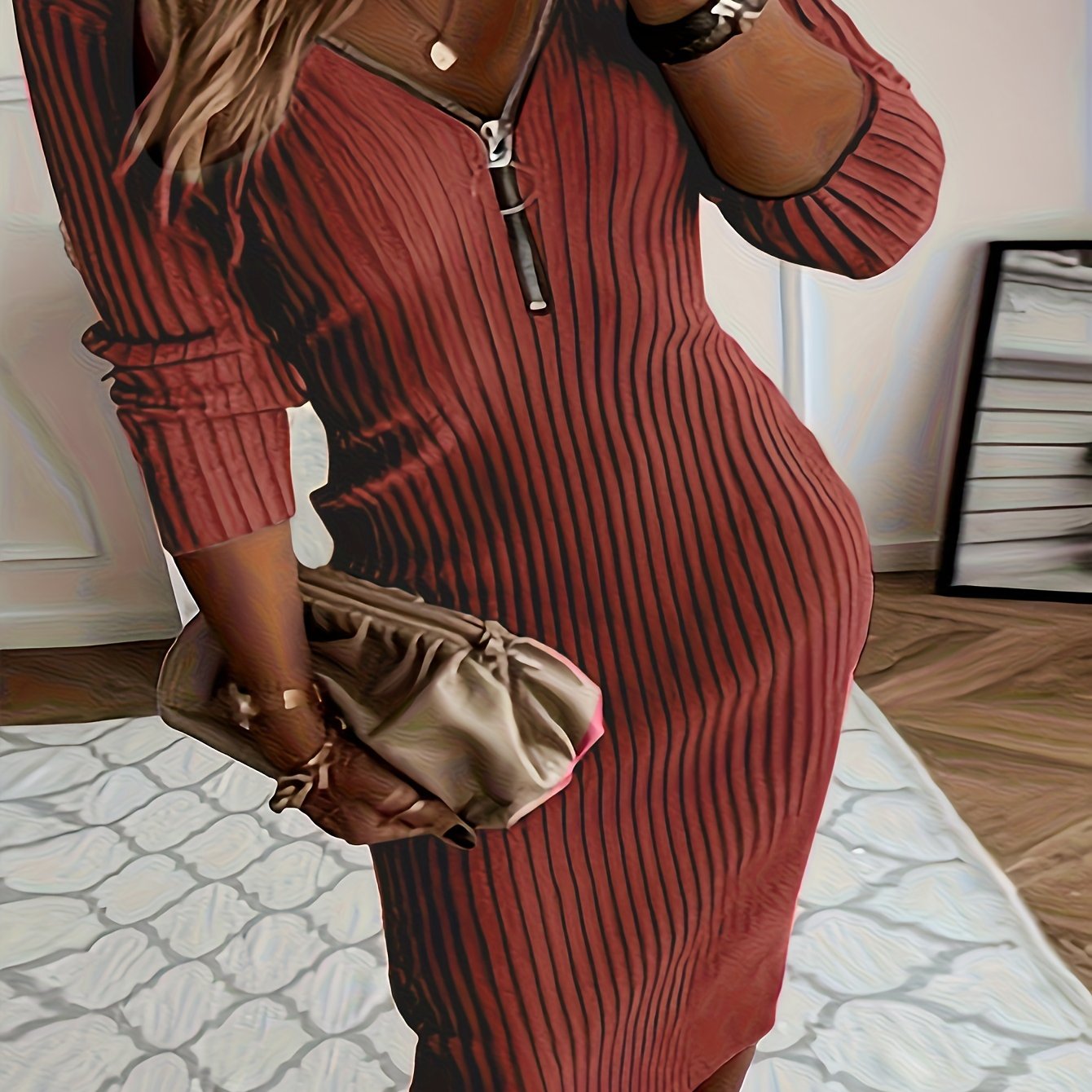 Plus Size - Plus Size - Plus Size, Women'S Plus Size Elegant V-Neck Long Sleeve Dress - Fitted Stretchy Solid Color with Zipper Back, Machine Washable Fall Winter Casual to Formal Wear, Long Sleeve Dresses For Women, Plus Siz