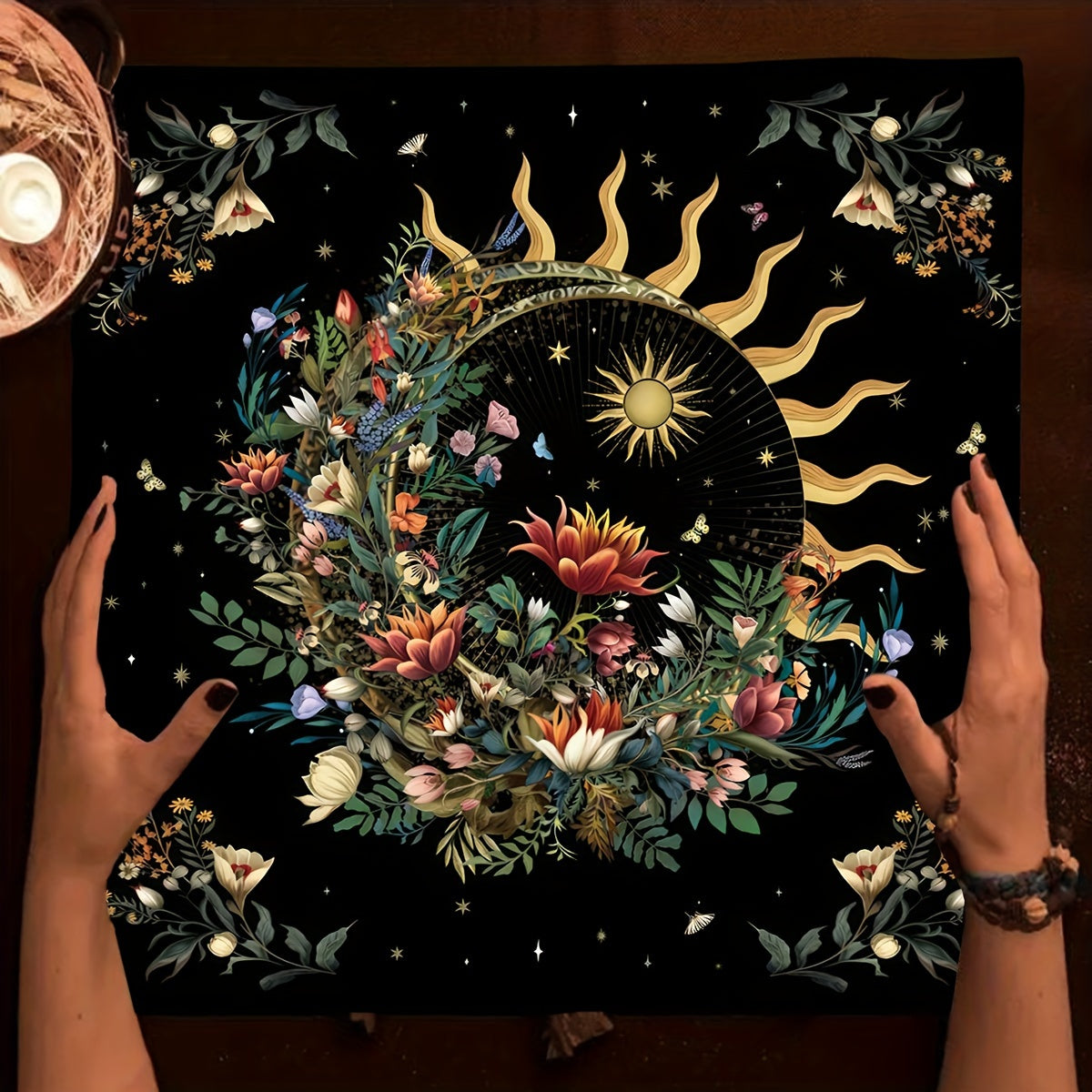 Vintage Boho Card Reading Tablecloth With Sun, Moon & Floral Design - Black Starry Sky Altar Cloth For Divination, Perfect For Parties, Weddings, Birthdays & More - Durable Polyester