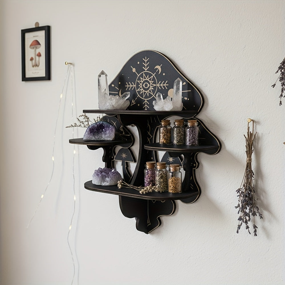 Wooden Mushroom Floating Shelves, Crystal Display Shelf for Wall, Wiccan Incantation Mushroom Wall Decor,  Gem Stone Storage Organizer, Essential Oil Holder Hanging Case, Meditation Art Spiritual Gift
