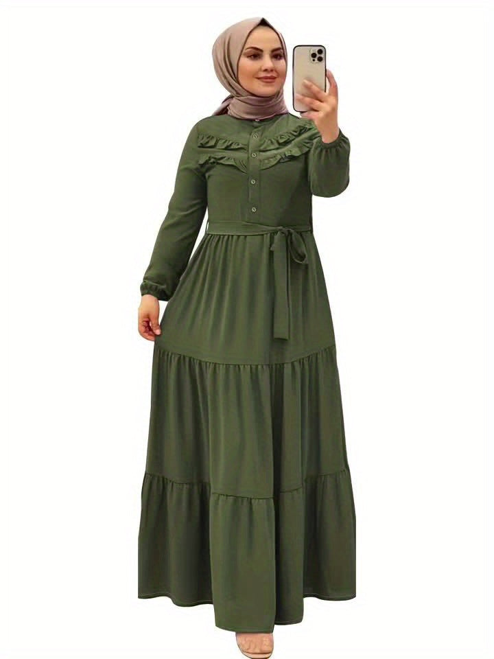 Elegant Light Green Maxi Dress for Muslim Women - Casual Solid Color with Ruffle Hem & Button Detail, Polyester Blend, Machine Washable - Hijab Not Included