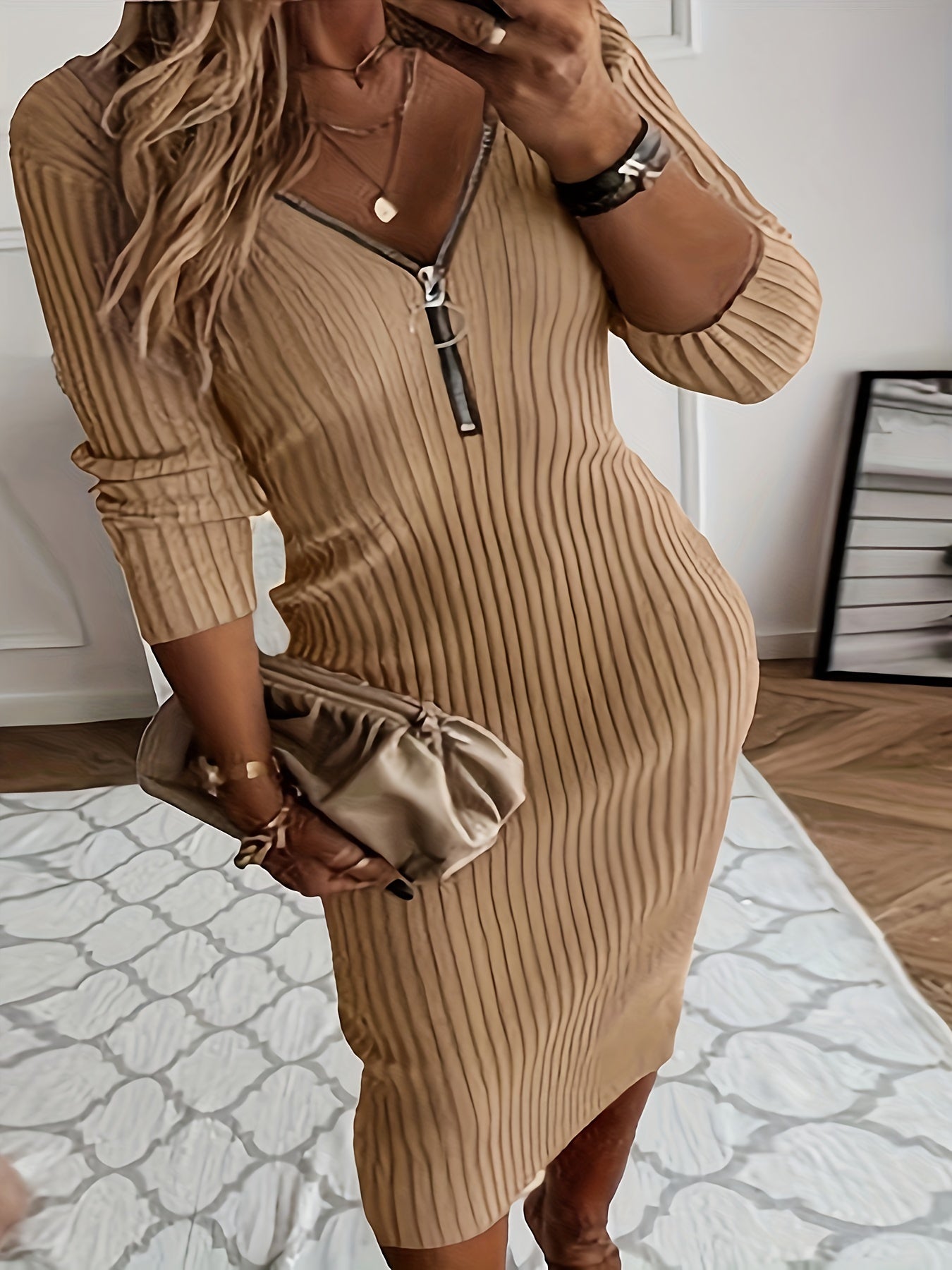 Plus Size - Plus Size - Plus Size, Women'S Plus Size Elegant V-Neck Long Sleeve Dress - Fitted Stretchy Solid Color with Zipper Back, Machine Washable Fall Winter Casual to Formal Wear, Long Sleeve Dresses For Women, Plus Siz