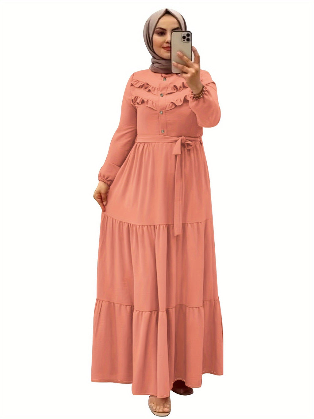 Elegant Light Green Maxi Dress for Muslim Women - Casual Solid Color with Ruffle Hem & Button Detail, Polyester Blend, Machine Washable - Hijab Not Included