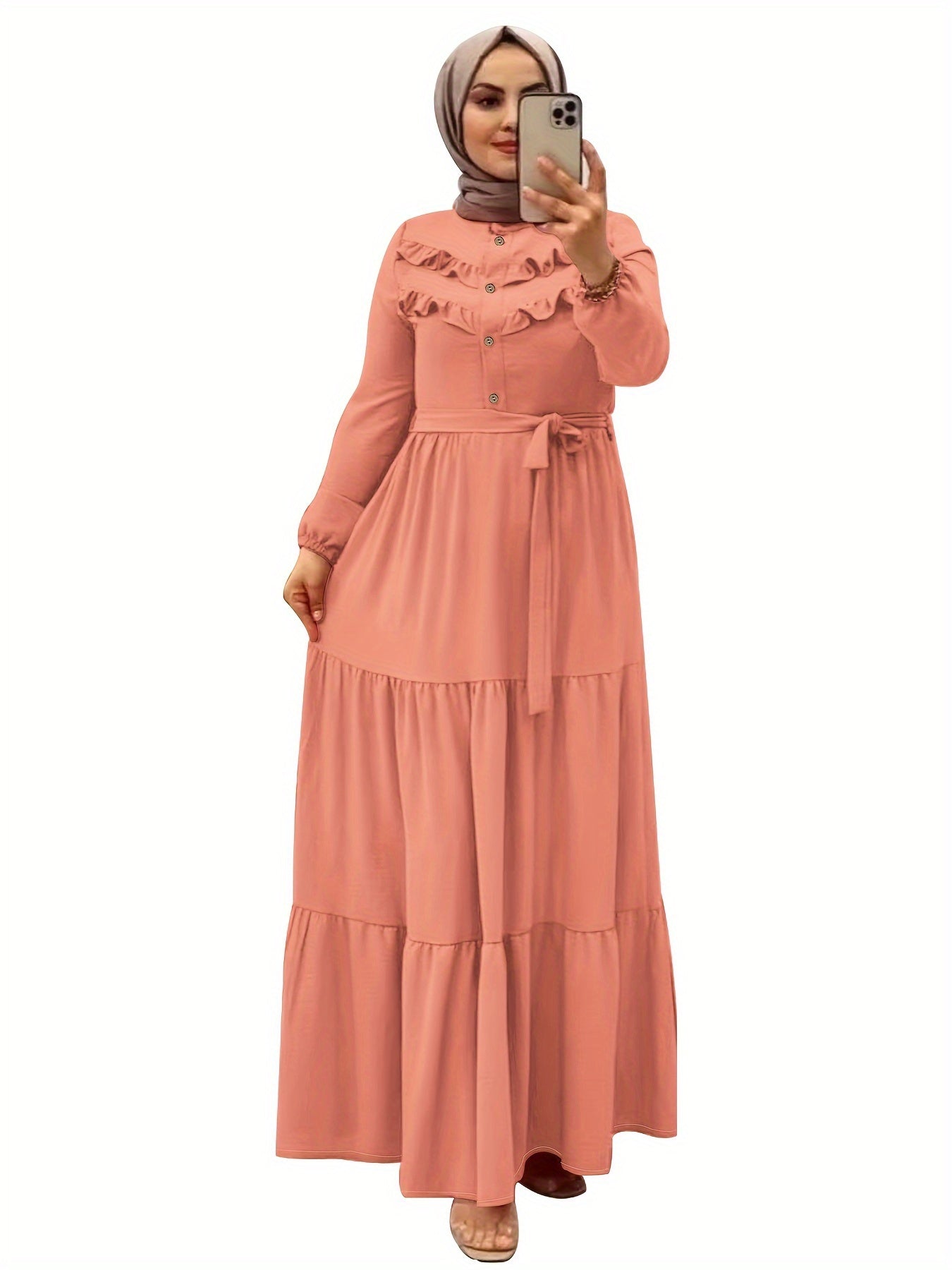 Elegant Light Green Maxi Dress for Muslim Women - Casual Solid Color with Ruffle Hem & Button Detail, Polyester Blend, Machine Washable - Hijab Not Included