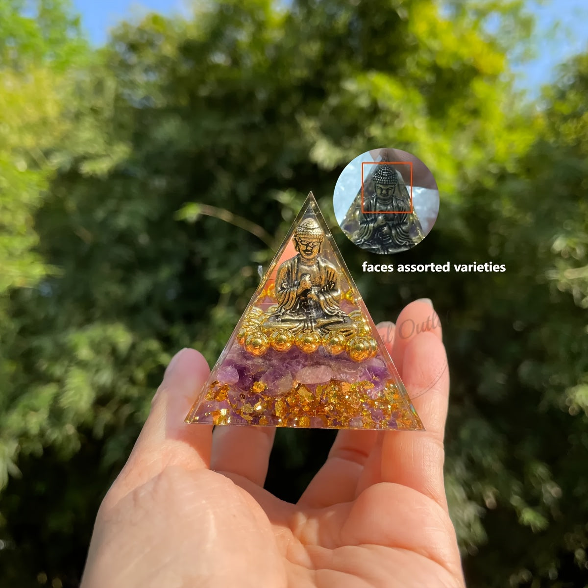 "Serenity Enhancer" 1pc Golden Beaded Buddha Orgone Pyramid With Natural Crystal Chips - Amethyst Energy Generator For Positive Vibes, Home & Yoga Decor