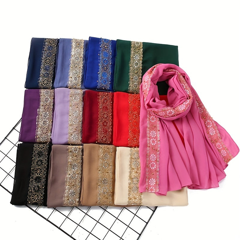 Summer Chiffon Women's Headscarf with Beaded Fringe, Muslim Hijab Long Scarf, Fashion Scarf