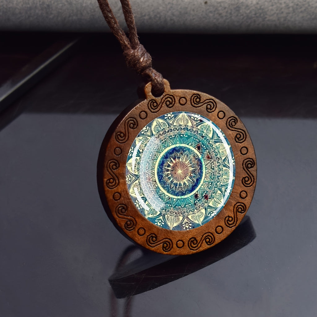 1pc Mandala Sacred Geometry Glass & Wood Pendant Necklace - Adjustable Rope Chain, Natural Wood & Glass Meditation Jewelry for Men, Gift, Spiritual Enlightenment Symbolism, Buddhist Jewelry, Artistic Design, Unique Craftsmans