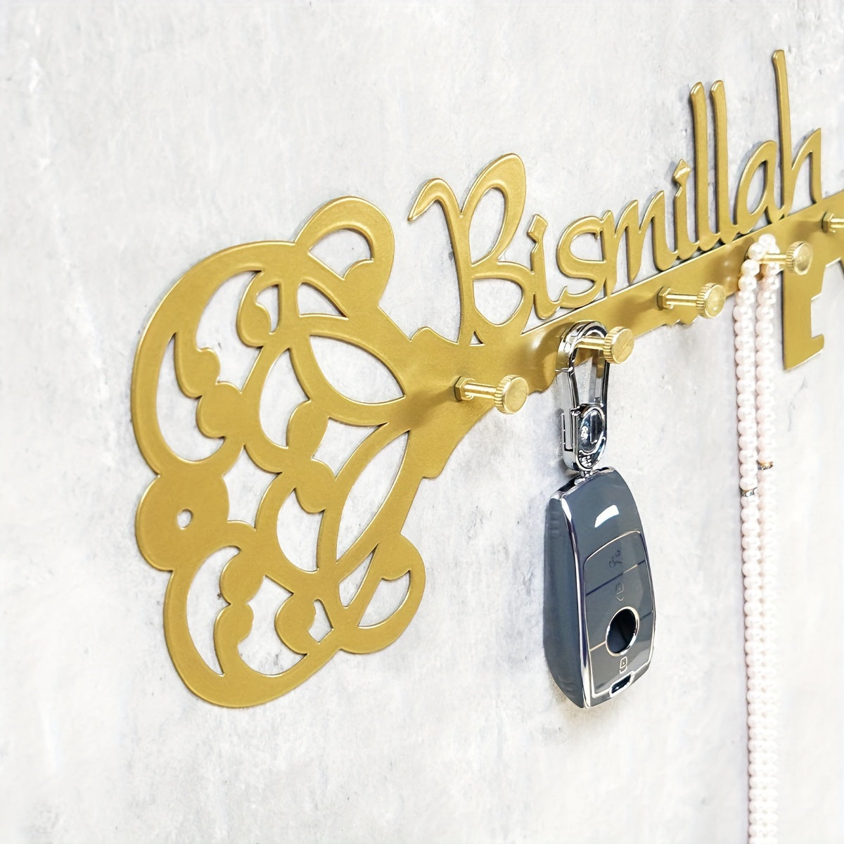 Bismillah Metal Wall Hook - 1pc Glam Style Ornament Hooks with 5 Multi-Functional Hanging Pegs, Universal Holiday Decorative Storage for Muslim Festivals