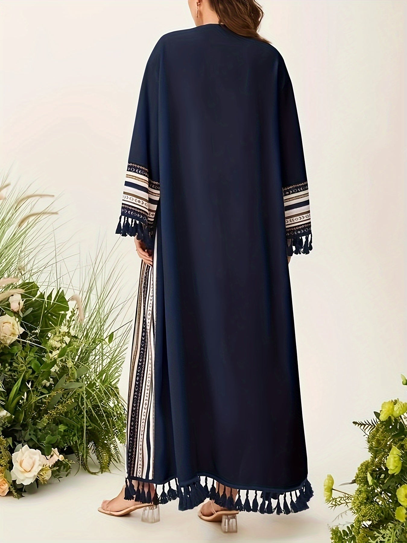 [Open Front Tribal Kaftan Cover] Tribal Pattern Open Front Kaftan Cover Up, Elegant Tassel Hem Long Sleeve Maxi Length Muslim Cover Up, Women's Clothing