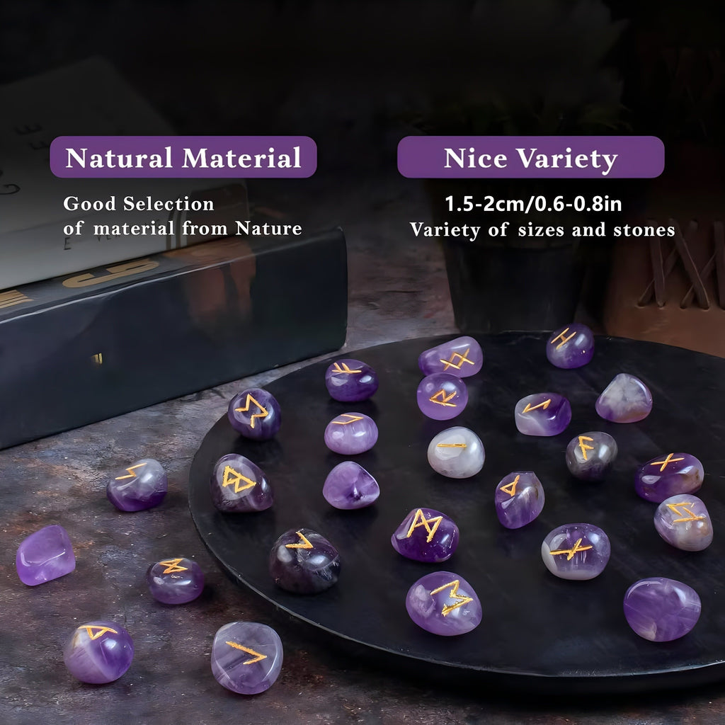 A Set of Crystal Agate Runes Featuring Viking Designs, with Intricately Carved Letters. This Collection Includes 25pcs of Futhark Rune Stones Made from Polished Gems