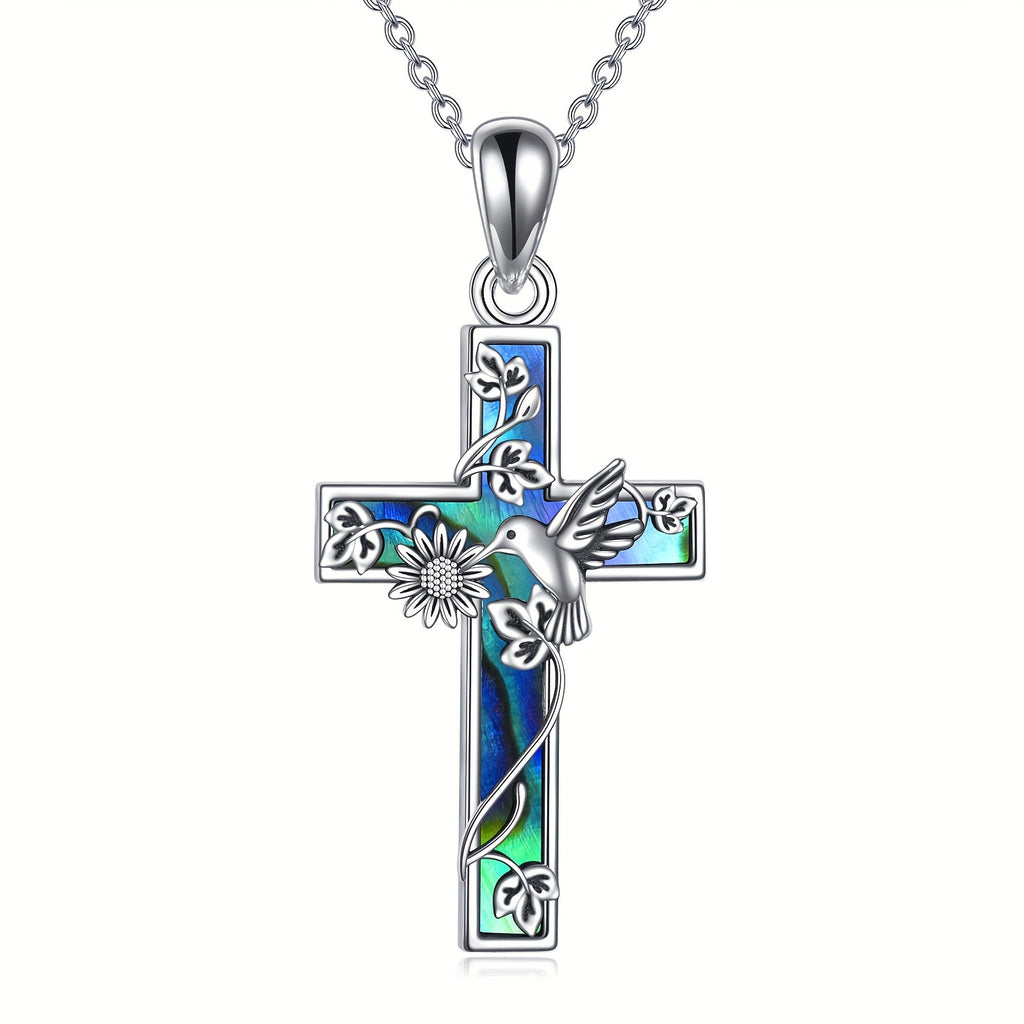 YFN Sunflower Cross Necklace Sterling Silver Hummingbird Cross Pendant Abalone Shell Jewelry Religious Christian Baptism Gifts for Her Women