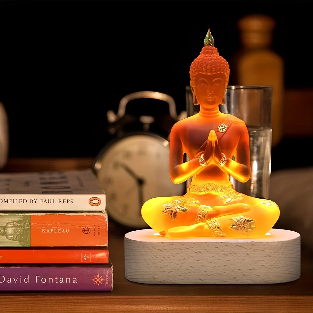 Buddha Statue with LED Light Base, 7'' Seated Small Figurine Collectibles Meditation Decor, Transparent Sculpture Ornaments for Spiritual Living Room, Yoga Zen, Home Decoration
