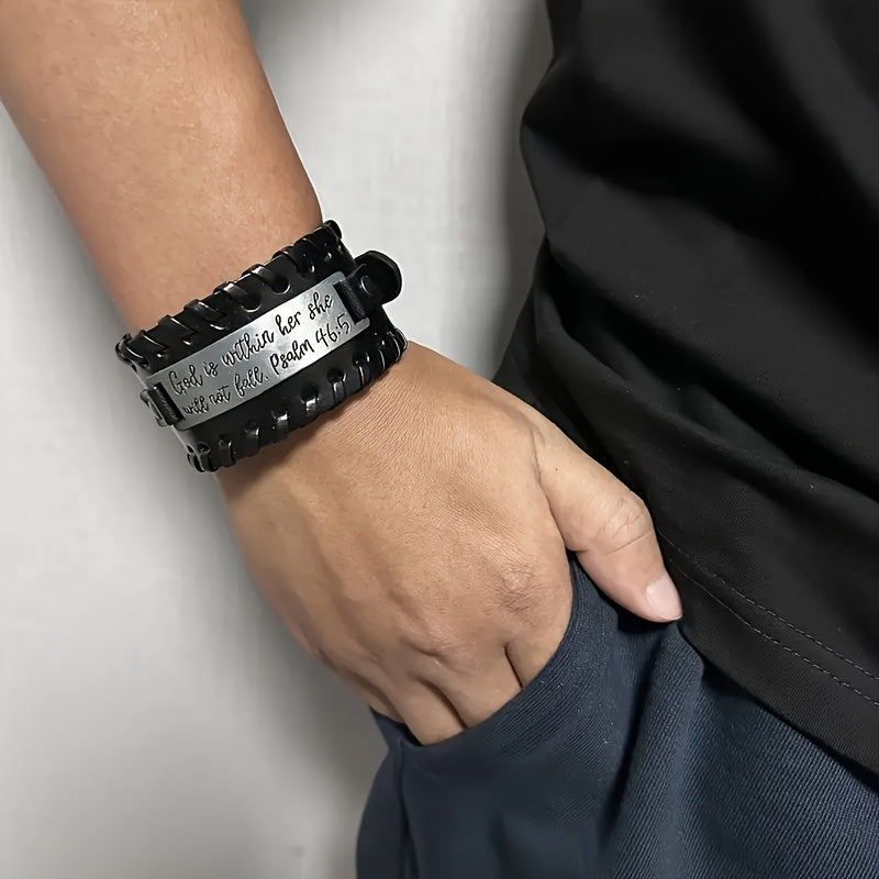 Religious Christian Leather Bracelet - Bible Verse Leather Cuff Wristband of Faith Hope Love