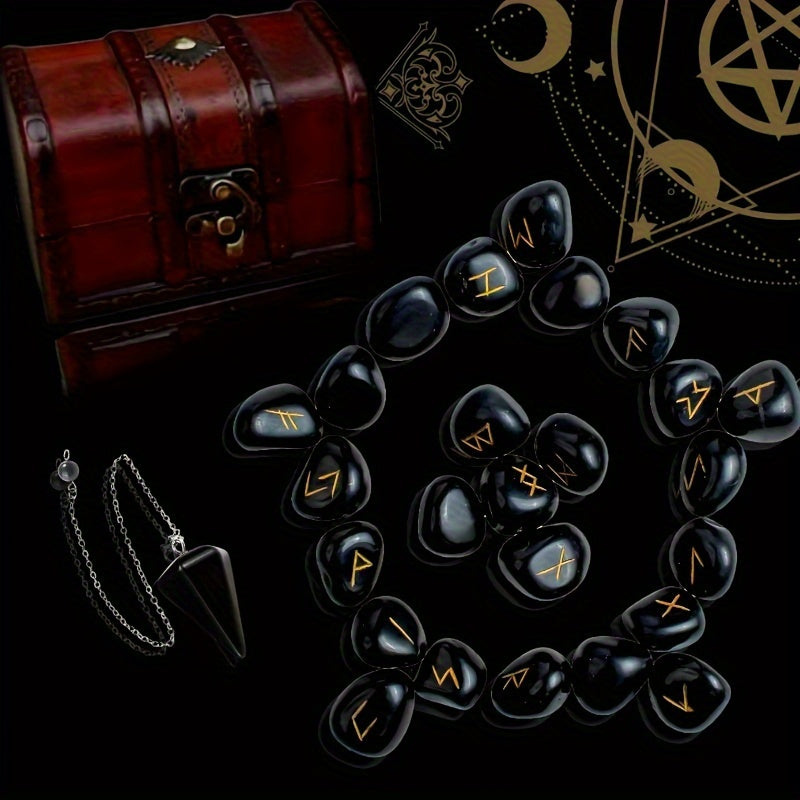 A Set of Crystal Agate Runes Featuring Viking Designs, with Intricately Carved Letters. This Collection Includes 25pcs of Futhark Rune Stones Made from Polished Gems