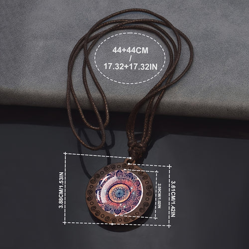 1pc Mandala Sacred Geometry Glass & Wood Pendant Necklace - Adjustable Rope Chain, Natural Wood & Glass Meditation Jewelry for Men, Gift, Spiritual Enlightenment Symbolism, Buddhist Jewelry, Artistic Design, Unique Craftsmans
