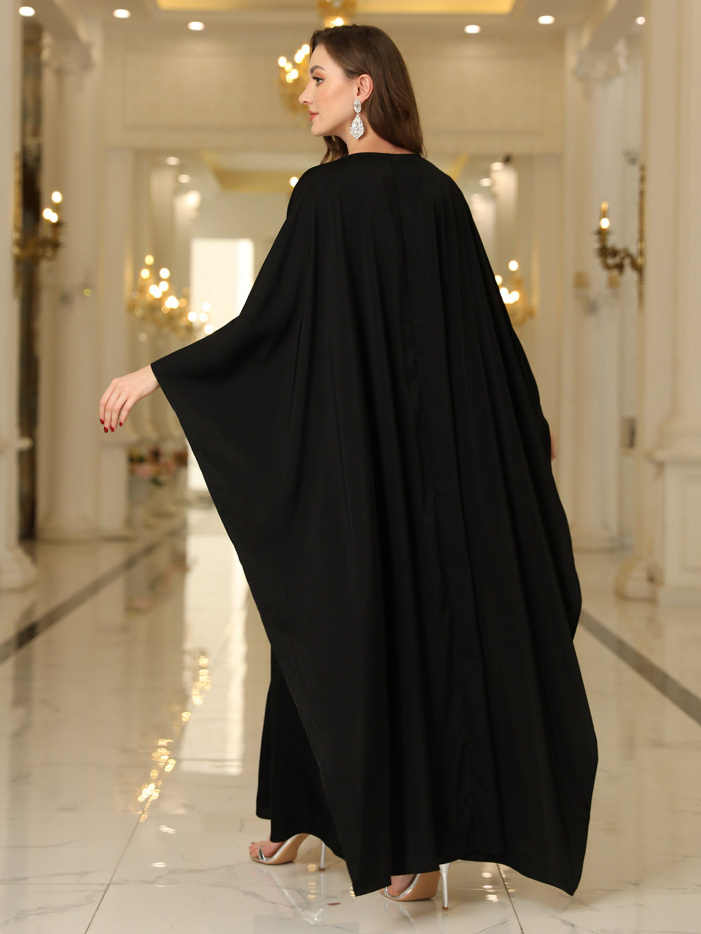 Button Front Batwing Sleeve Modest Dress, Elegant Loose Solid Color Cloak Maxi Muslim Outwear, Women's Clothing