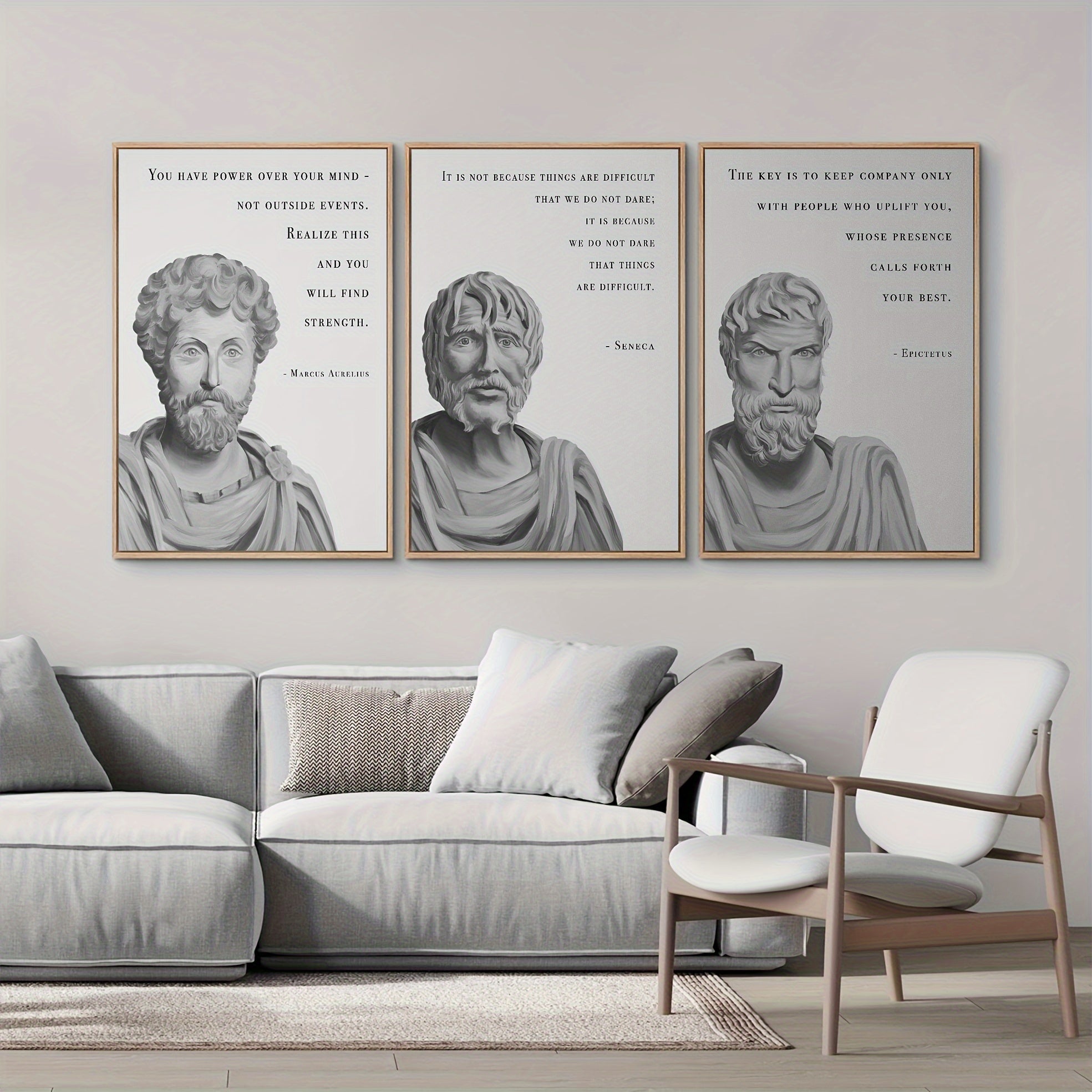 Stoic Philosophy Quotes Canvas Wall Art - 3 Piece Inspirational Seneca, Marcus Aurelius, Epictetus Poster Set - Frameless Portrait Canvas Prints for Living Room and Bedroom Decor - Indoor Portrait Orientation, 15.7x23.6 inche