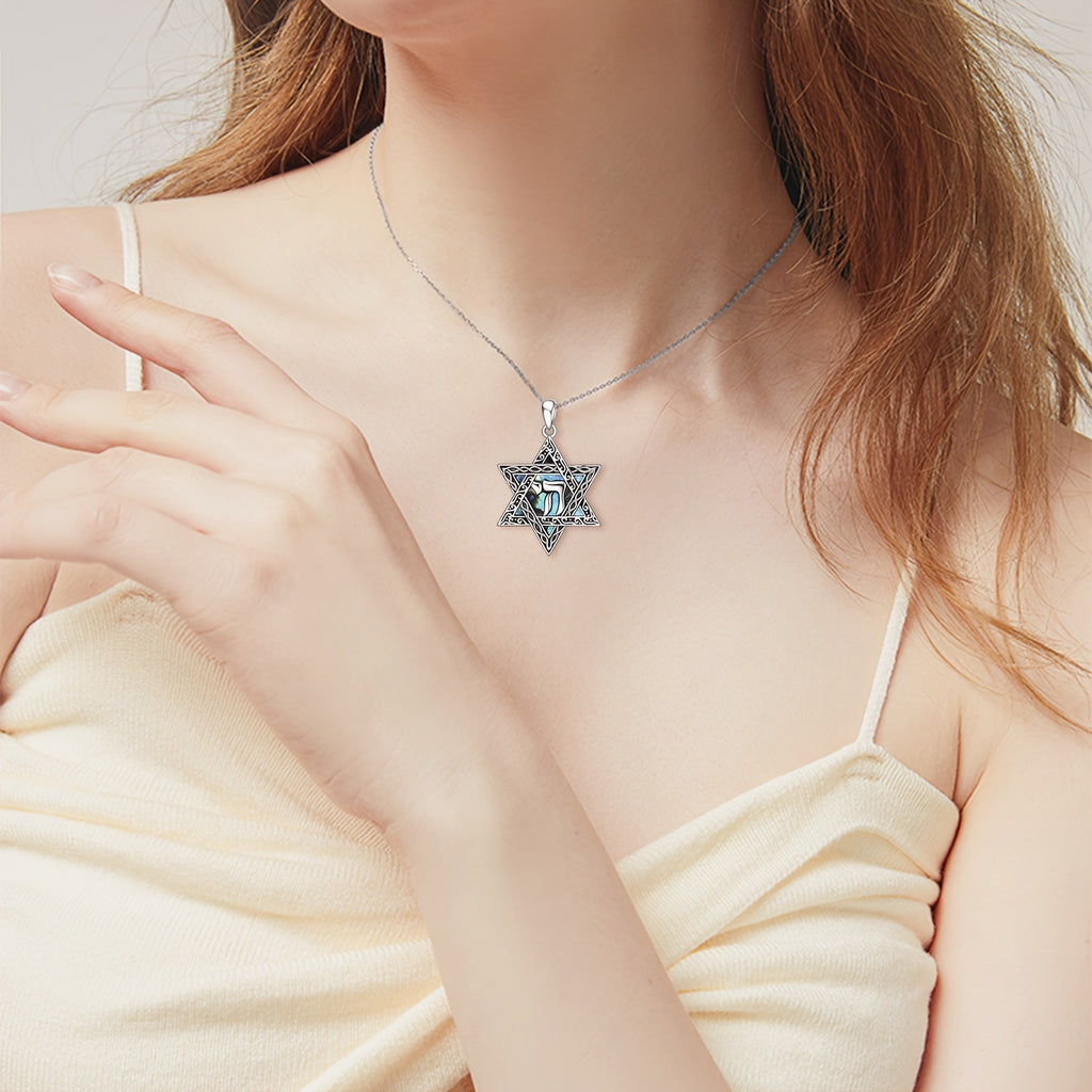 Star Of David Necklace Sterling Silver Hebrew Chai (Life) Abalone Shell Pendant Jewish Token Jewelry